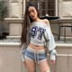American retro digital printing shoulder long -sleeved sweater 2024 autumn and winter new hot girls are thin and versatile, oblique shoulder top