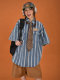 C2 homemade/retro wash striped denim half-sleeved top summer loose cartoon old thin short-sleeved shirt ins