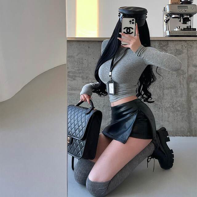 YoungGirlDay American hot girl sexy low waist zipper slit anti-exposure hip pu leather skirt short skirt