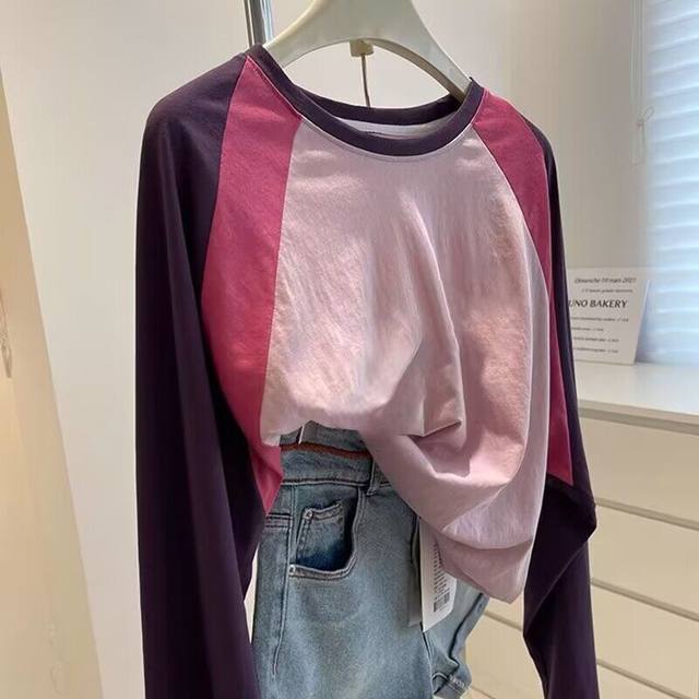 Pure cotton American retro letter printing polished pink shoulder long -sleeved T -shirt female autumn 2024 new and beautiful small shirt
