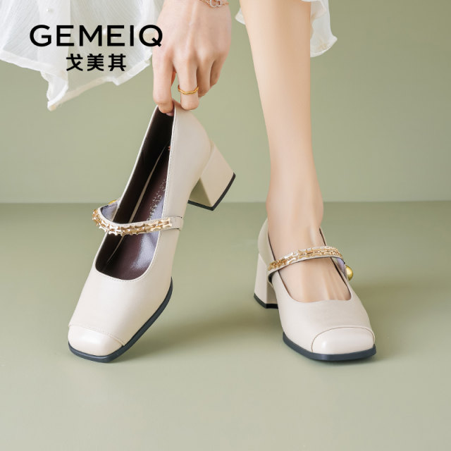 Gomeqi French Mary Jane Women's Shoes 2025 Spring New Retro Square Toe Light Mouth Single Shoes Fairy Style High Heels