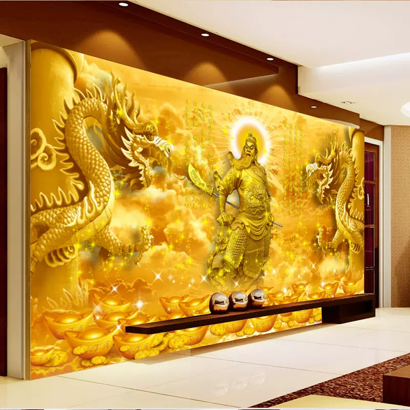 金色关公电视背景墙纸32d立体双龙浮雕壁纸中式关羽招财进宝