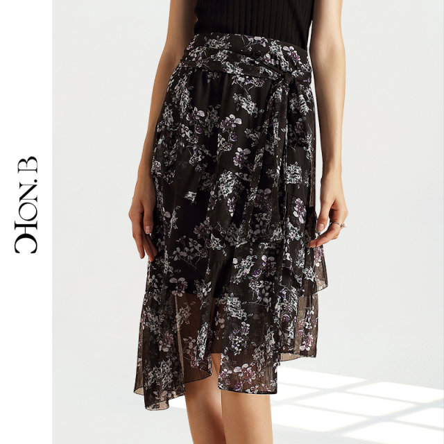 Red Beti Chiffon Sweet Print Summer New Irregular Temperament Elegant Mid-length Gentle Style Skirt