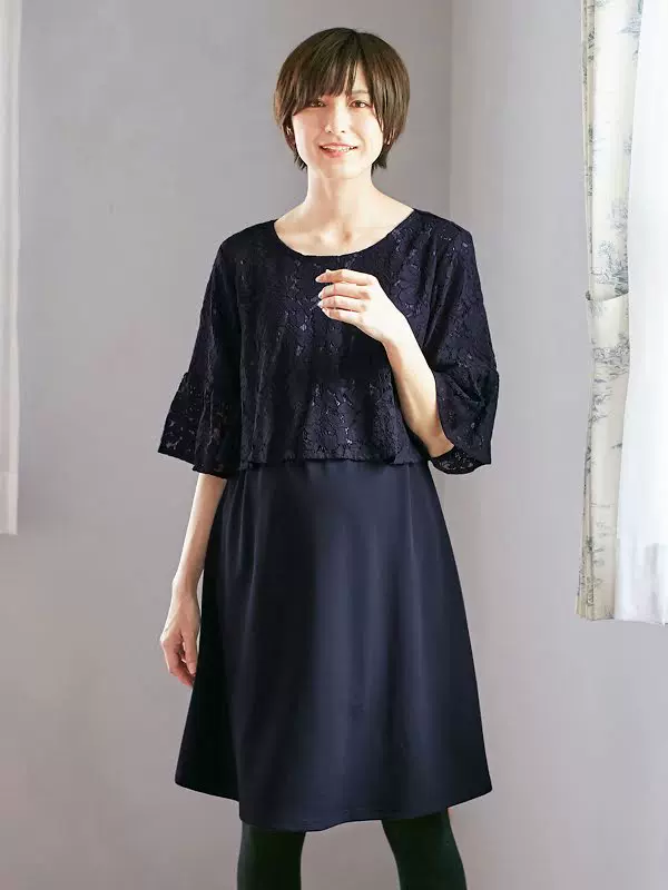 日本外贸原单秋款孕妇装蕾丝中袖哺乳连衣裙授乳服喂奶衣