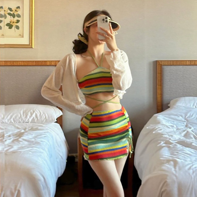 
Women's new style ethnic style sexy striped split skirt bikini three-piece set small breasts vacation beach hot spring