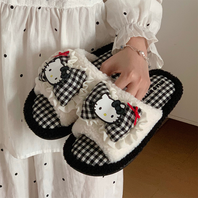 Thin strips of genuine Hello Kitty one-word cotton slippers for women winter home floor non-slip cute furry slippers