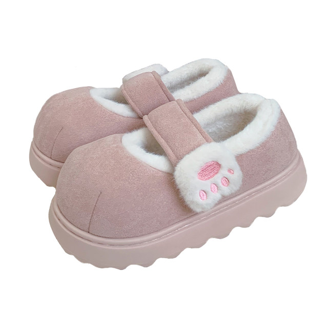 Thin strips, cute cat claw Velcro cotton shoes, winter plus velvet thick sole single shoes, girl's heart warm round-toe bean shoes
