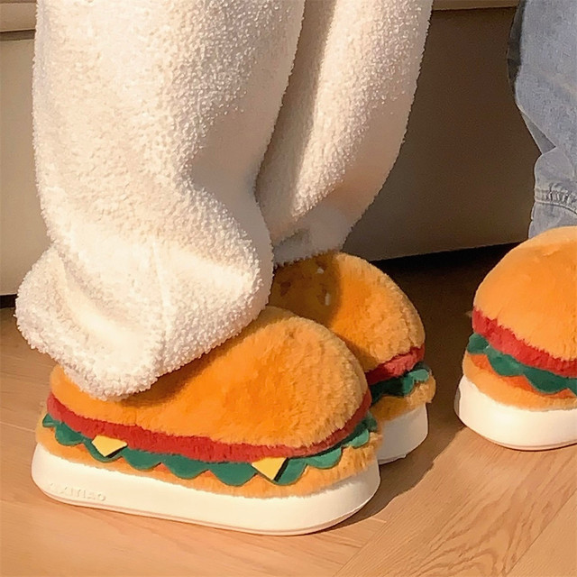 Thin strips of fun and cute hamburger cotton slippers for men and women, winter student creative plush warm couple home cotton shoes