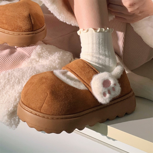 Thin strips, cute cat claw Velcro cotton shoes, winter plus velvet thick sole single shoes, girl's heart warm round-toe bean shoes