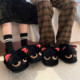 Thin strips of angry little black cat cotton slippers for men and women in winter, cute non-slip warm plush home shoes for couples