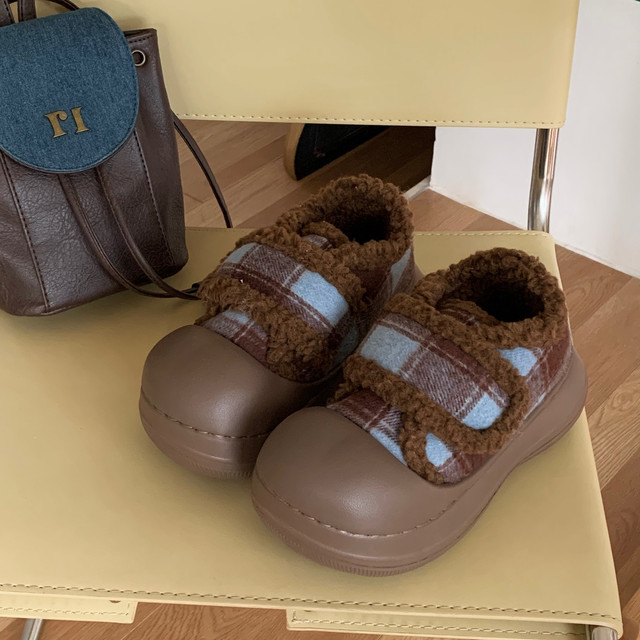 Thin Strips Retro Contrast Color Plaid Bread Shoes Cotton Shoes Women's Winter Ins Non-Slip Thick Soled Parent-Child Velcro Furry Shoes