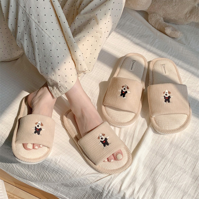 Film four seasons universal couple linen slippers cute genuine head dog room sweat -absorbing floor shoes men and women
