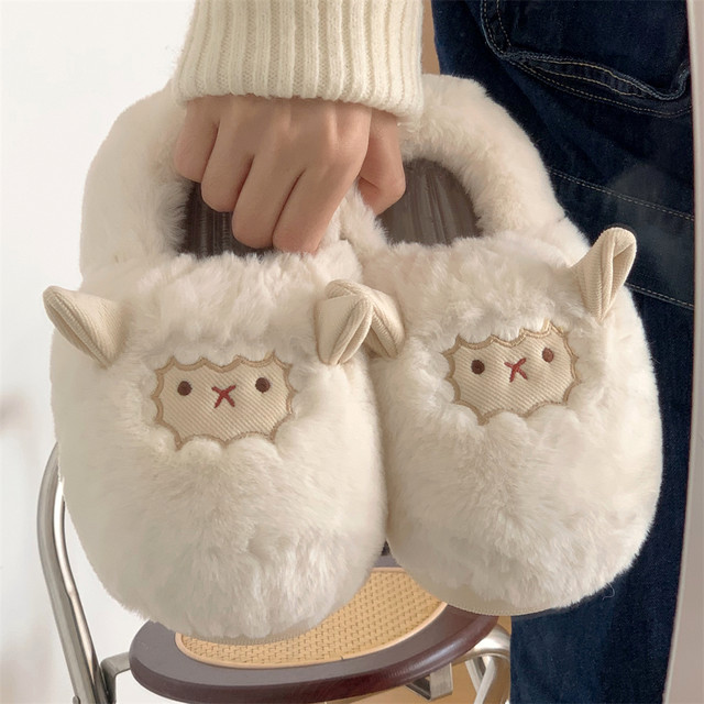 Thin strips of soft and cute warm plush all-inclusive heel cotton slippers winter ladies indoor home non-slip confinement shoes