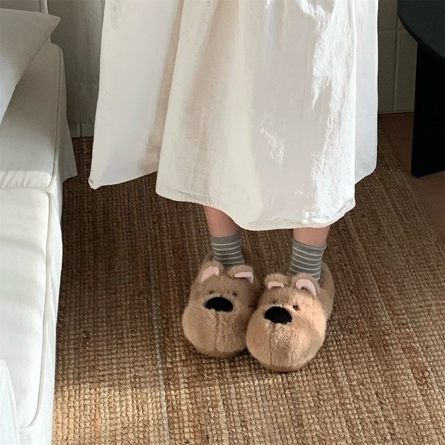 Thin Strips Couples Home Non-Slip West Highland Puppy Furry Shoes Winter Warm Cute Bag Heels Cotton Slippers for Men and Women
