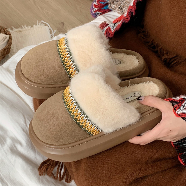 Thin strips of ethnic style cotton slippers for women to wear at home in winter, retro non-slip thick sole plus velvet warm confinement shoes