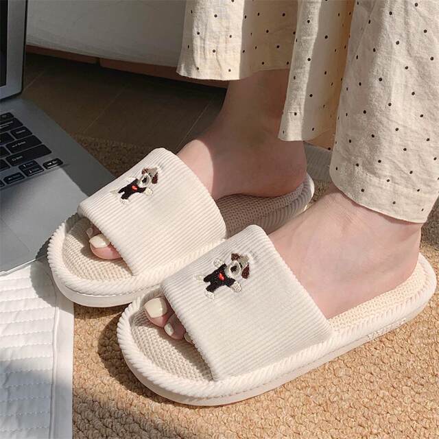 Film four seasons universal couple linen slippers cute genuine head dog room sweat -absorbing floor shoes men and women
