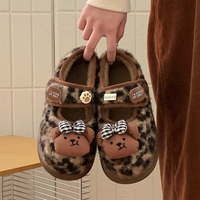 Thin strips Bear Velcro leopard print cotton shoes cute non-slip thick sole plus velvet Mary Jane fur shoes for women winter ins