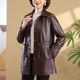 Leather jacket for women in middle-aged and long mother spring and autumn coat fashionable noble belt to cover the belly and make middle-aged and elderly women's leather windbreaker