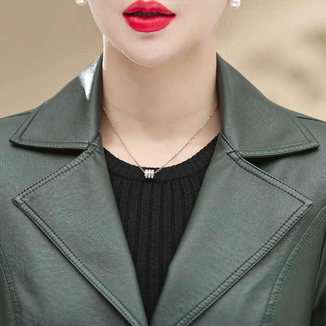 Middle-aged mother's spring and autumn coat, women's leather jacket, fashionable mid-length PU leather windbreaker, lady's fashionable slim suit