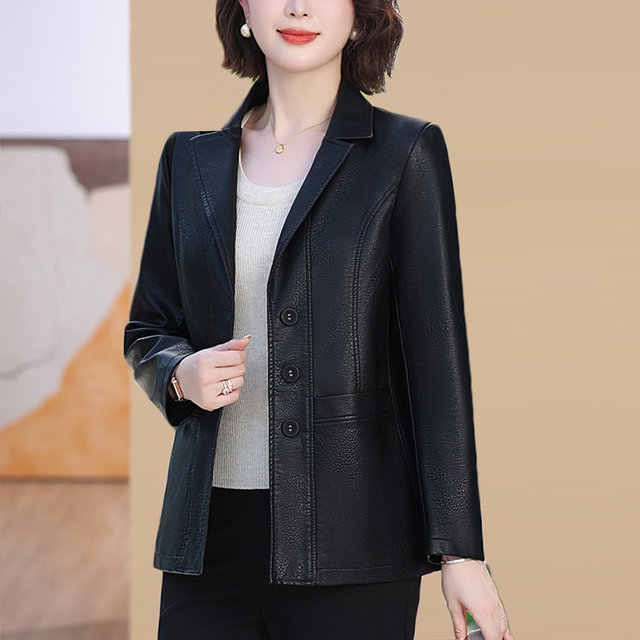 Middle-aged mother leather jacket women's autumn new casual loose jacket for elderly women fashion slim women's leather suit