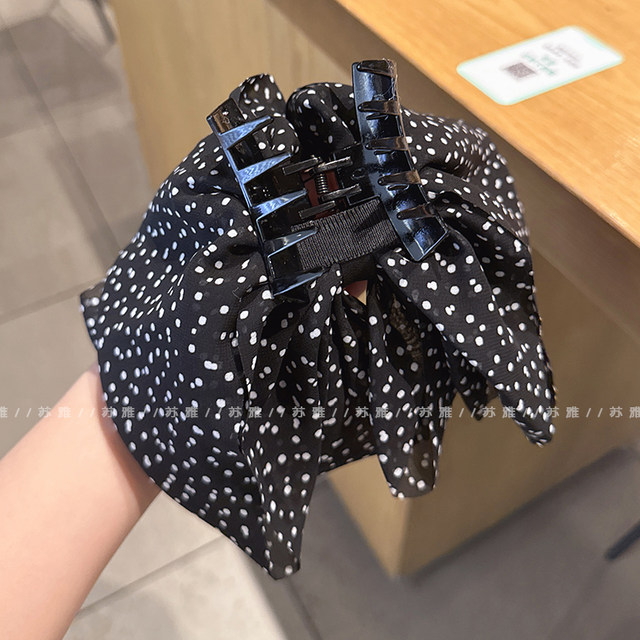 Double-layer polka-dot bow hairpin for women with full back of head shark clip ponytail grabber half-tied high-end hair accessory