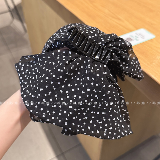Double-layer polka-dot bow hairpin for women with full back of head shark clip ponytail grabber half-tied high-end hair accessory