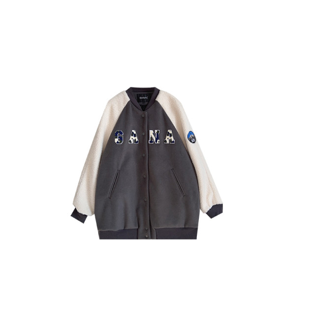 vogana Cannes home large size original ins American cool jacket autumn lamb fur splicing loose age-reducing baseball uniform