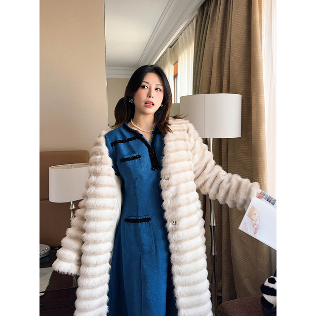 VOGANA Cannes plus size women's dress elegant texture braided strip small fragrant slim dress long and short style