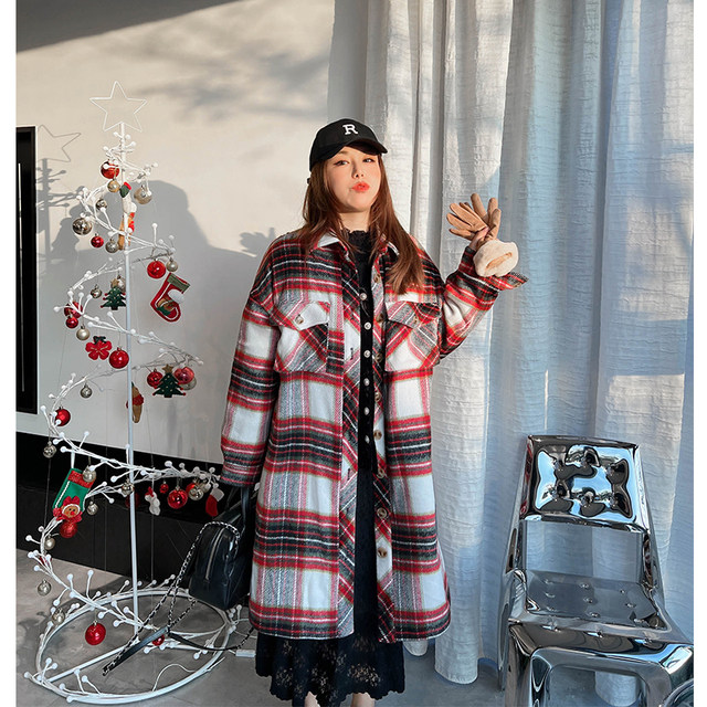 Cannes Large Size New Year Rainbow Check Korean Style Loose Padded Warm Long Wool Coat Jacket