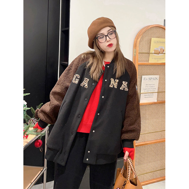 vogana Cannes home large size original ins American cool jacket autumn lamb fur splicing loose age-reducing baseball uniform