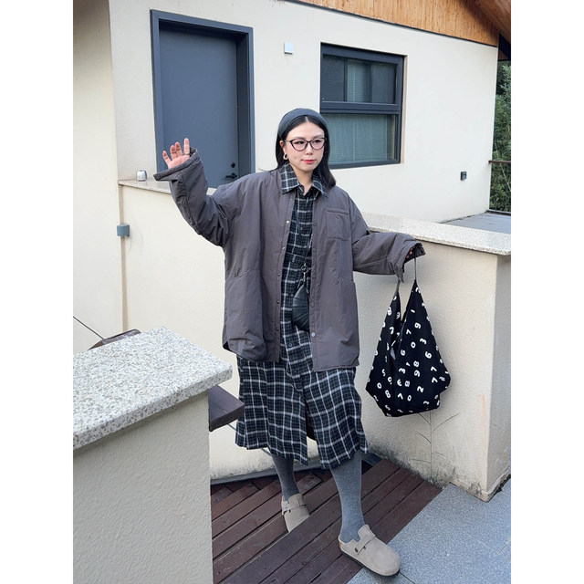 
Korean girl temperament casual brushed warm retro plaid waist A-line dress