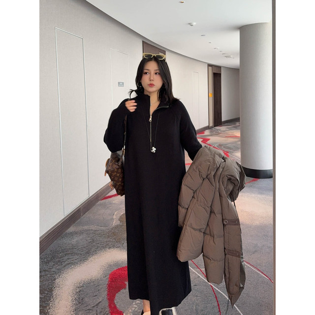 
VOGANA Cannes plus size women's simple lazy skirt winter casual loose A-line stretch knit dress