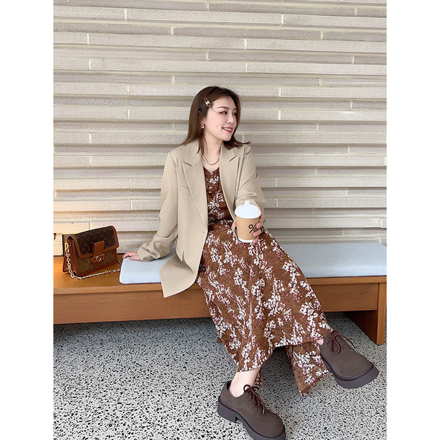 vogana Cannes plus size original temperament age-reducing lotus leaf collar floral long skirt loose slimming waist dress