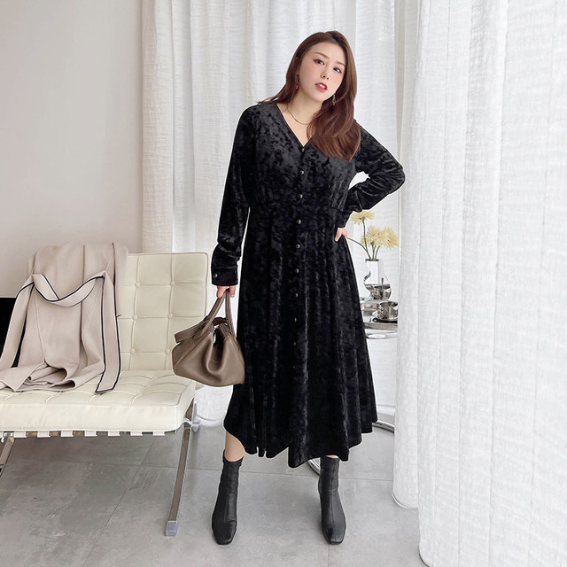 Vogana Cannes Family Large -size Original French Vocal Vull velvet Mid -long skirt temperament, waist high waist A -line dress
