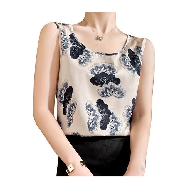 Summer acetic acid satin round neck printed wide shoulder strap vest women's top with loose base and suit
