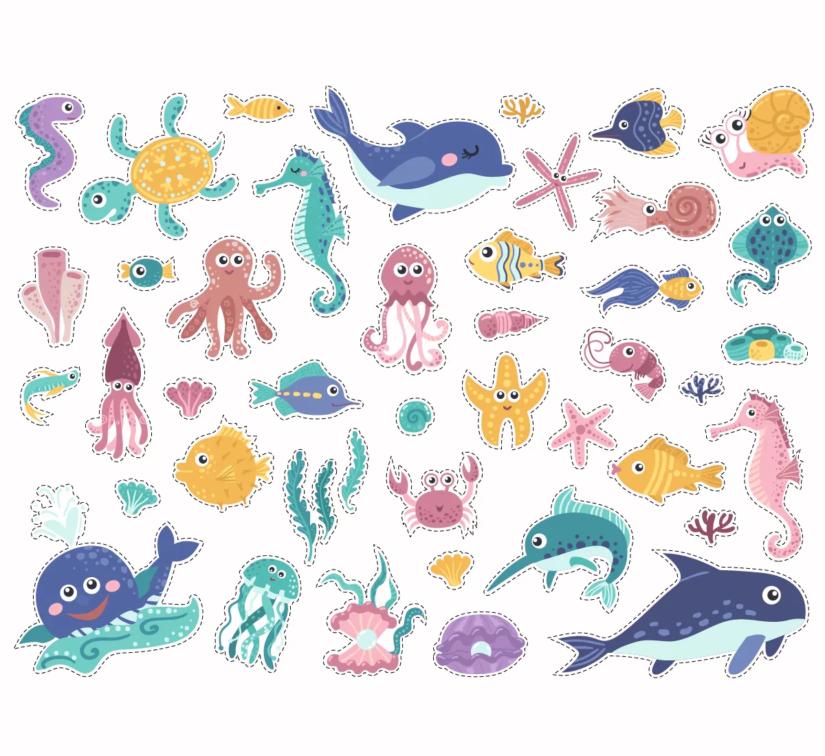 可爱卡通q版鱼类海洋生物章鱼海豚鲨鱼贝壳海星美人鱼矢量素材