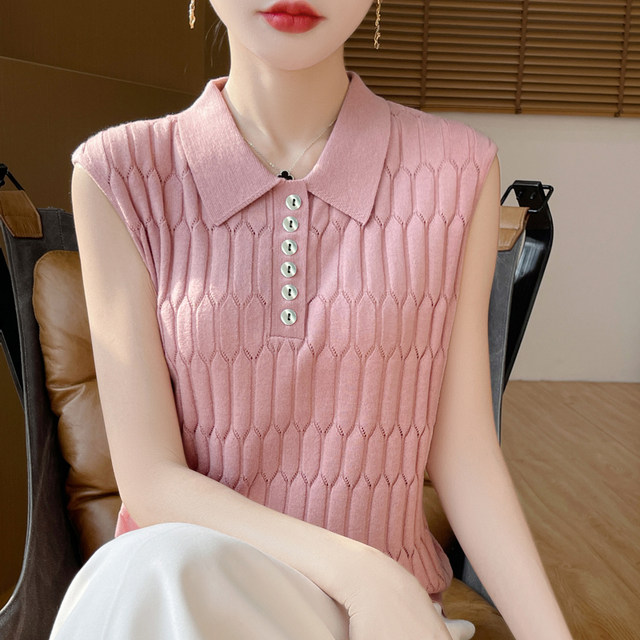 French polo collar sleeveless knitted vest for women 2025 spring new design sleeveless worsted wool top
