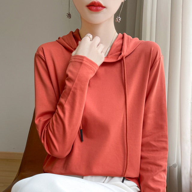 Spring hooded sweatshirt for women versatile cotton T-shirt long-sleeved top Korean style loose casual knitted thin hoodie
