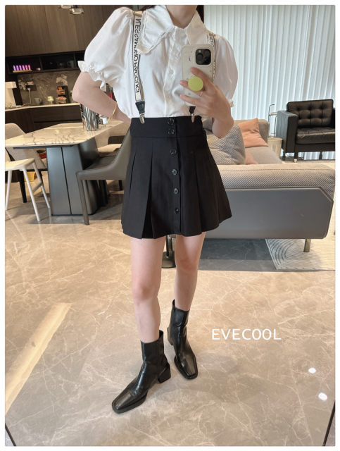Spring and summer Korean new model of strap A-type pleated skirt skirt short skirt women's mini skirt A-line skirt slim black