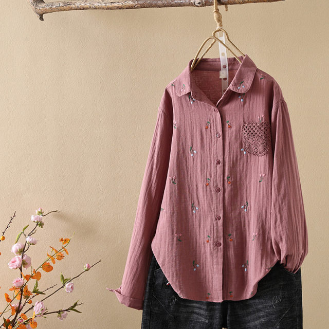 Japanese Mori Women's New Cartoon Embroidered Cherry Lace Hollow Pocket Women's Long Sleeve Shirt Trendy