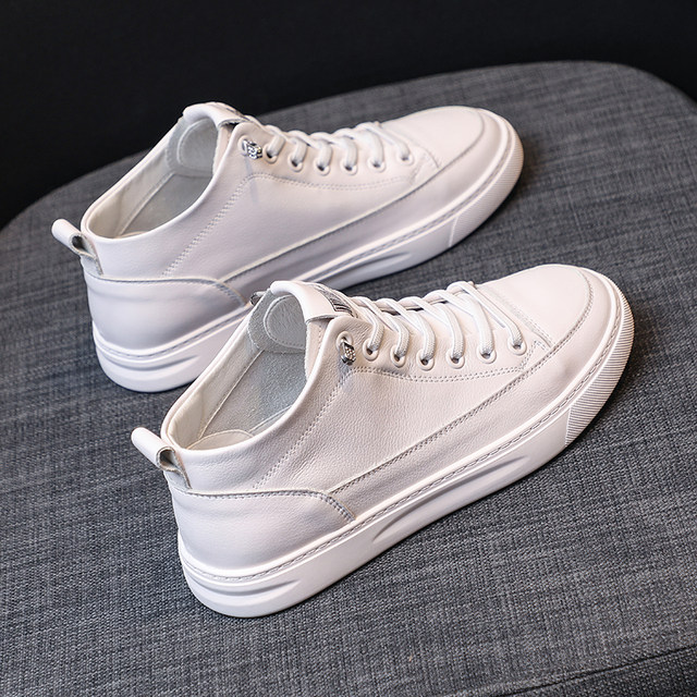 First-layer cowhide high-top white shoes for women, breathable 2025 autumn and winter genuine leather versatile women's shoes, flat-soled sports and casual sneakers