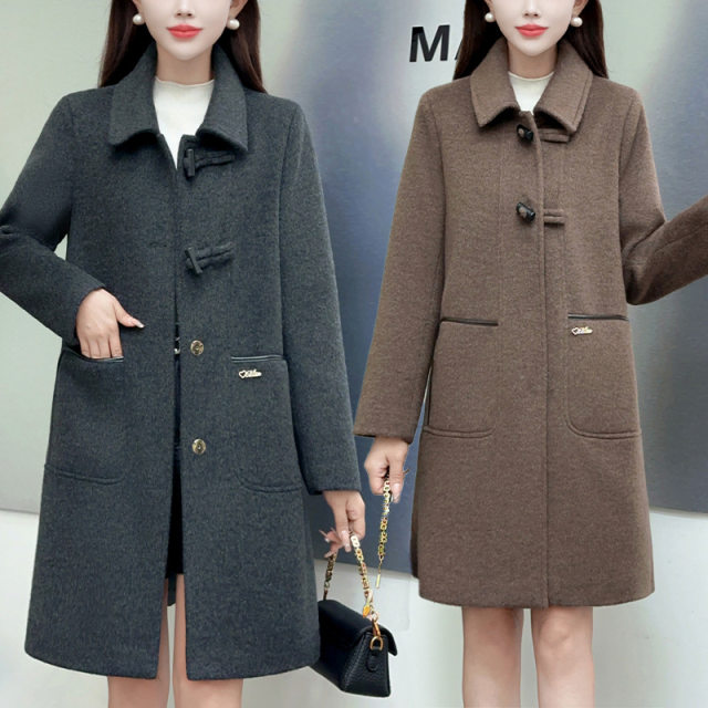 New mid-length woolen jacket autumn and winter Korean version loose slim small woolen coat middle-aged lapel jacket
