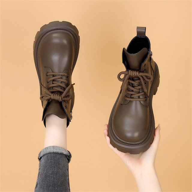 Low-top Martin boots women's single boots 2025 new autumn small round toe plus velvet platform thick-soled fashionable short boots