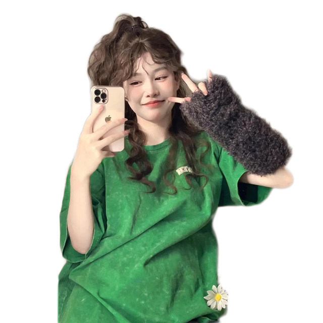 Summer new Korean version of American advanced cotton round neck versatile fashion green short sleeve top
