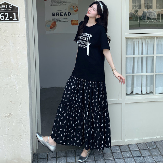 Zhang's sweet and cool style large size women's clothing fat girl mm slimming suit age-reducing short-sleeved T-shirt draped skirt