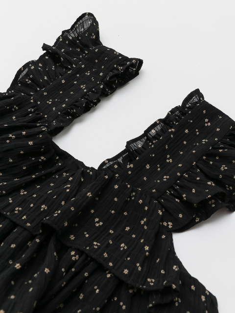 Small French sleeveless cake short suspender top design sense small fly sleeve black floral shirt for women
