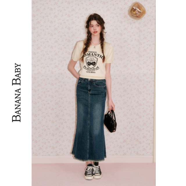 BANANA BABY 2025 summer new retro hip fishtail skirt for women high waist slim denim midi skirt
