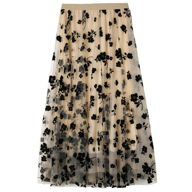 French mesh floral skirt for women in spring and autumn 2025 new temperament high waist umbrella skirt lower skirt long skirt look slim
