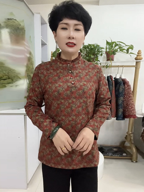 New winter cheongsam top for middle-aged and elderly mothers stand-up collar plus velvet floral bottoming shirt long-sleeved pullover German velvet top