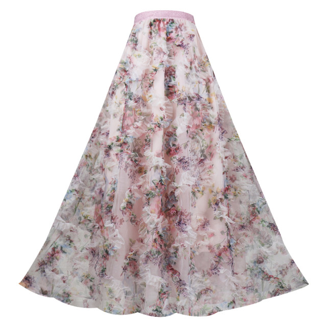 2025 spring and summer new three-dimensional embroidered floral mesh skirt high-waisted slim long skirt sweet fairy soft gauze skirt